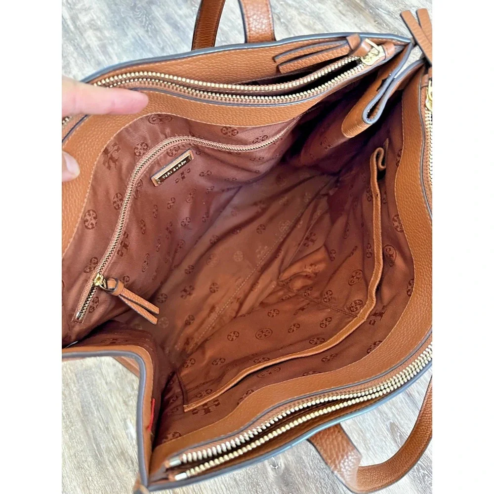 Tory Burch Thea Brown Leather Tote Tassels Purse Multi Pocket Shoulder Bag